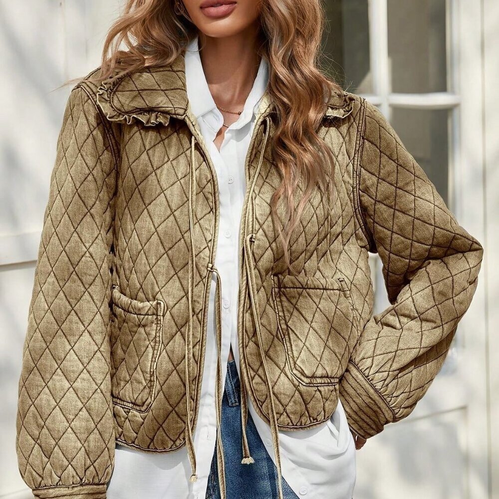 Khaki Casual Women's Cropped Denim Puffer Jacket